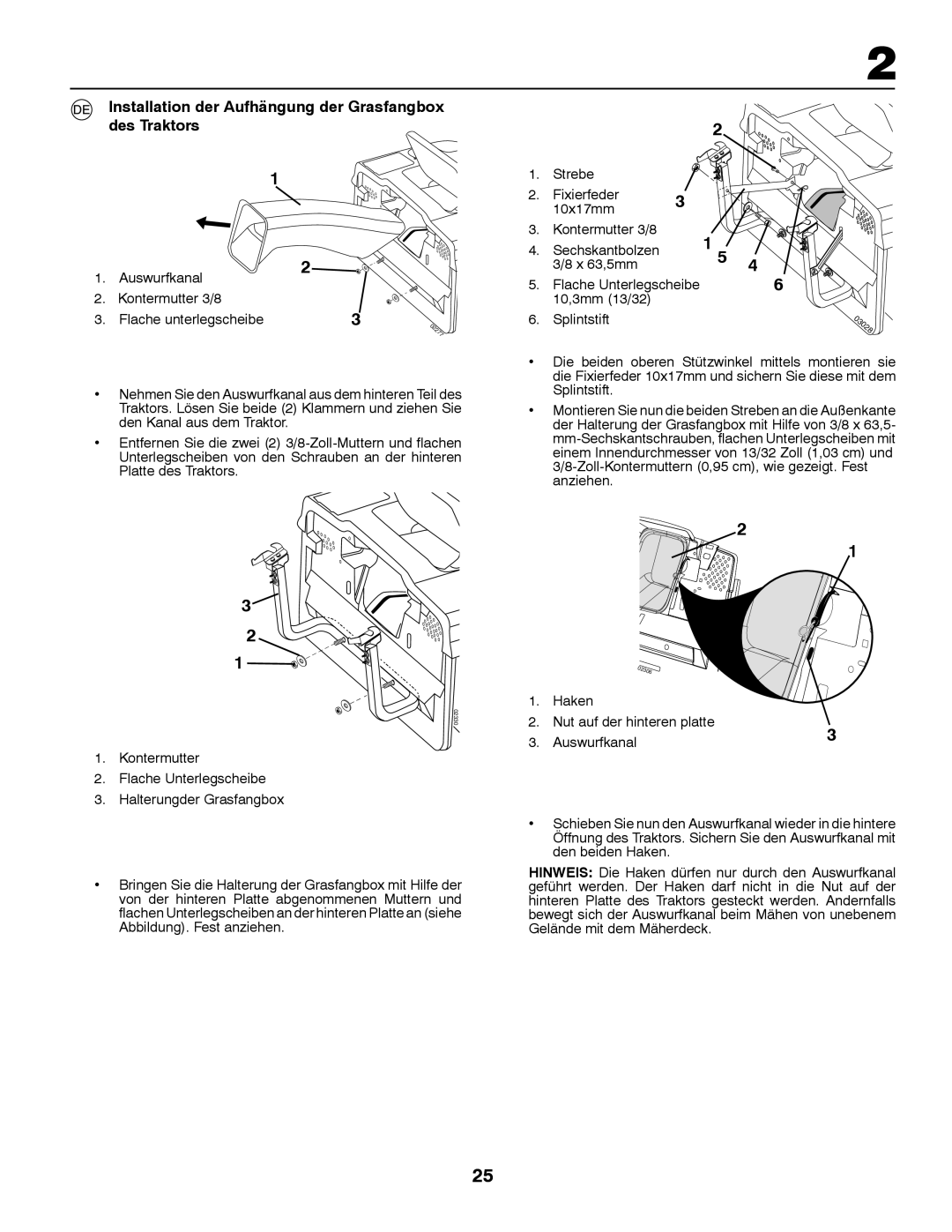 Husqvarna CT131 instruction manual Installation der Aufhängung der Grasfangbox des Traktors, 10,3mm 13/32 Splintstift 