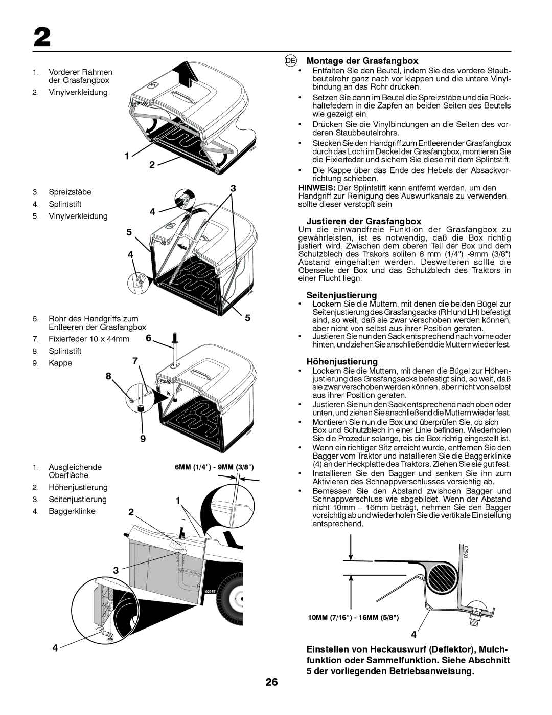 Husqvarna CT131 Montage der Grasfangbox, Justieren der Grasfangbox, Seitenjustierung, Höhenjustierung, Kappe 