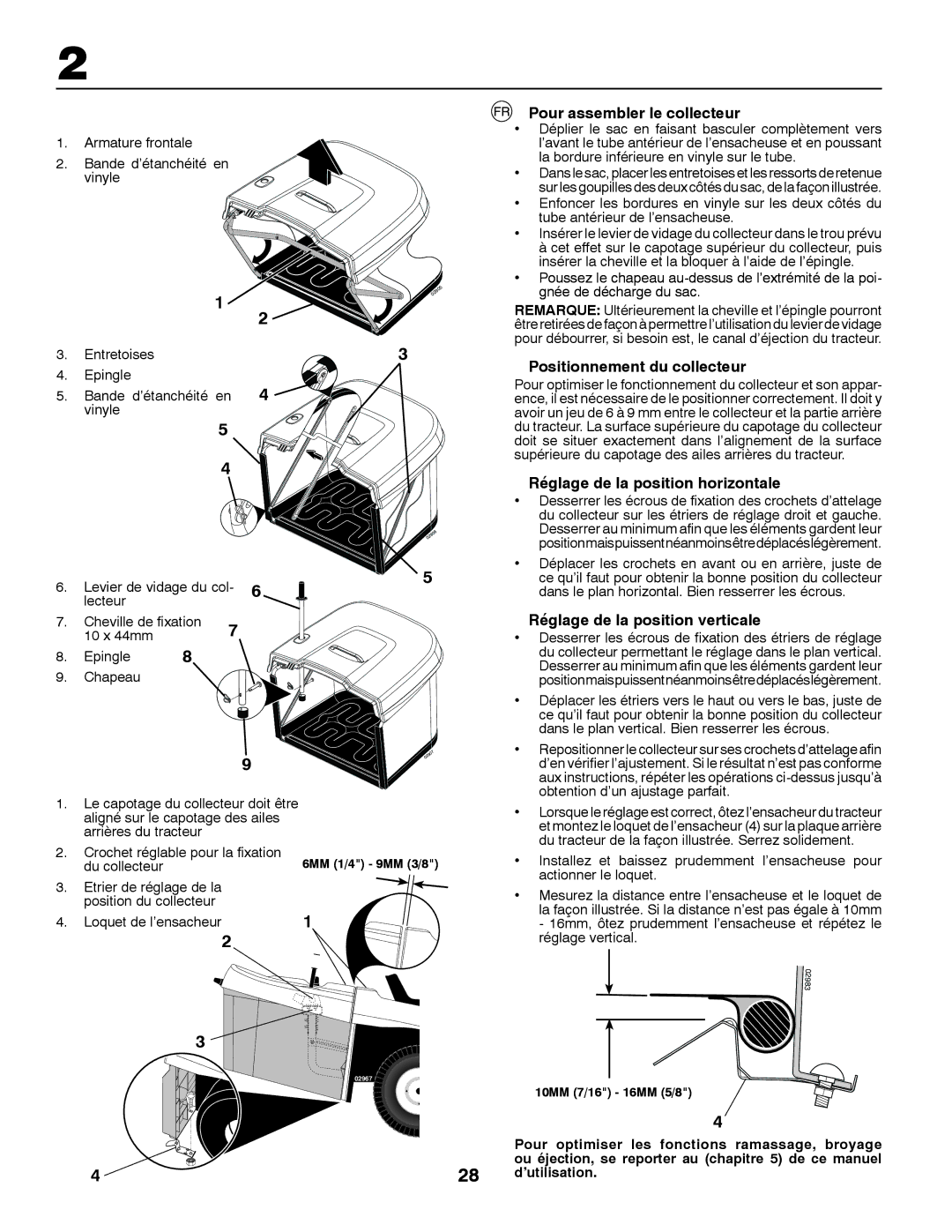 Husqvarna CT131 Pour assembler le collecteur, Positionnement du collecteur, Réglage de la position horizontale 