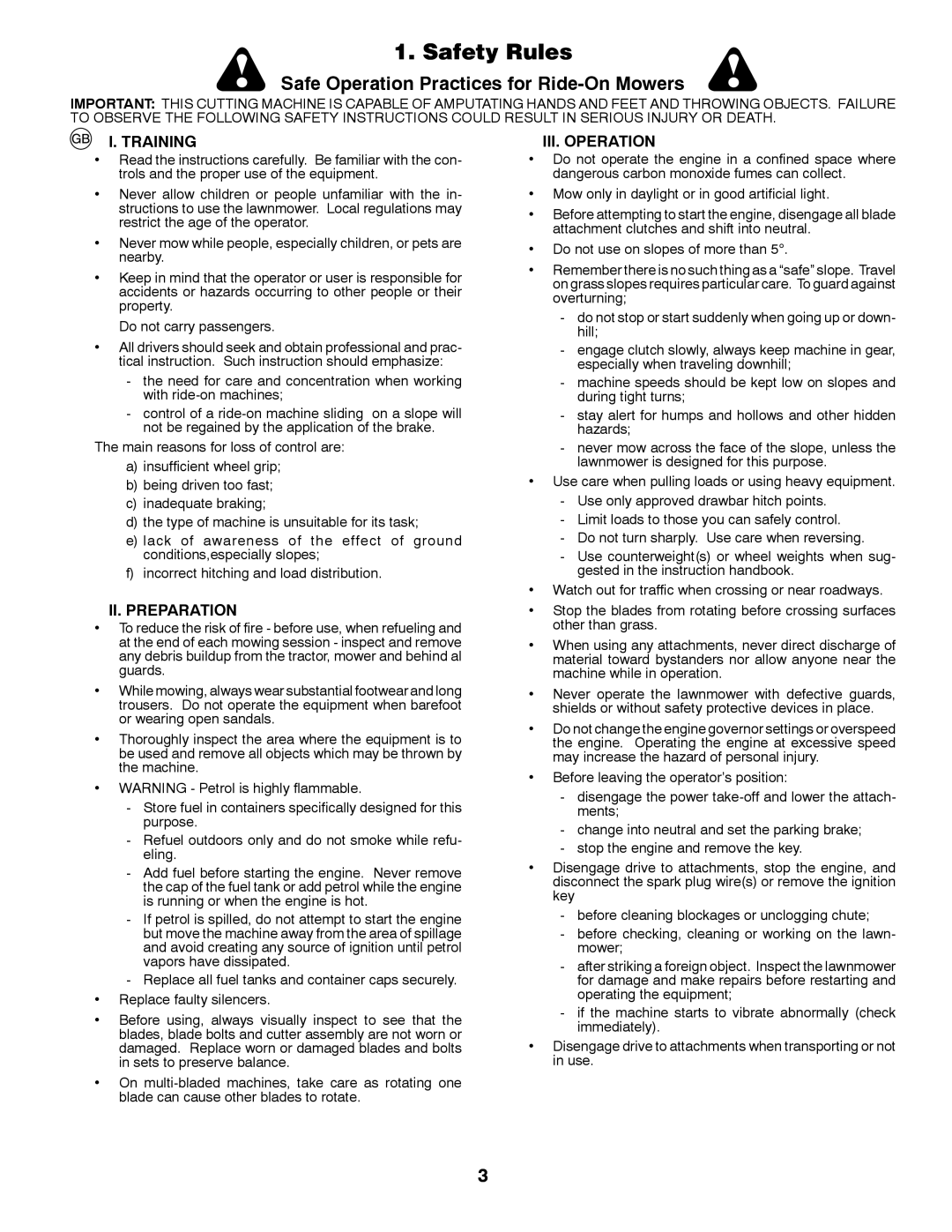 Husqvarna CT131 instruction manual Safety Rules, Training, II. Preparation, III. Operation 