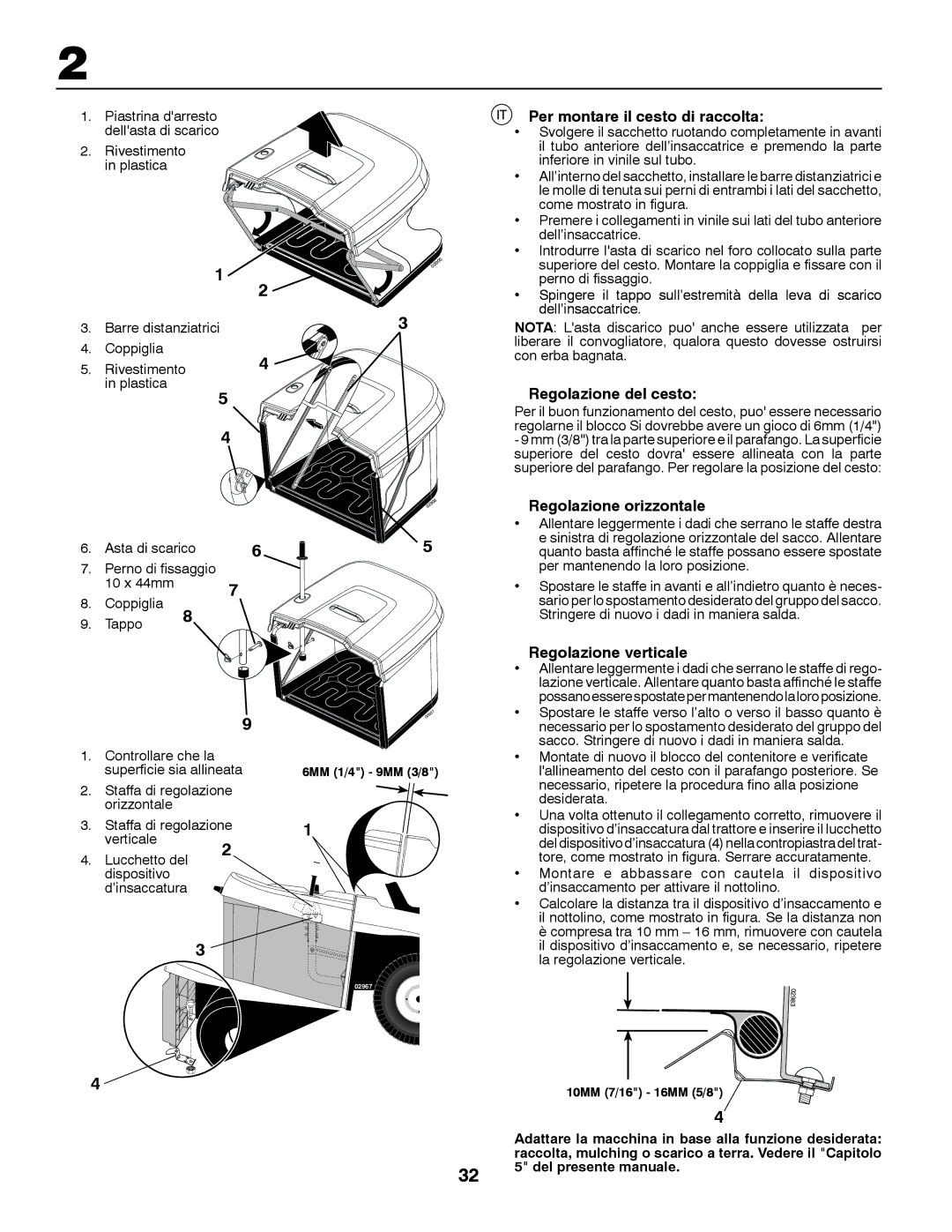 Husqvarna CT131 Per montare il cesto di raccolta, Regolazione del cesto, Regolazione orizzontale, Regolazione verticale 