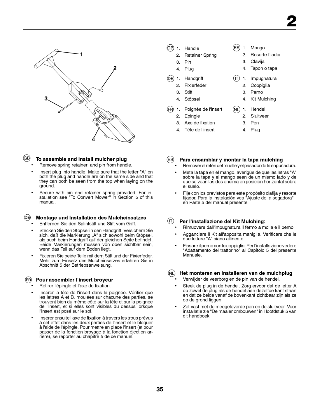 Husqvarna CT131 instruction manual To assemble and install mulcher plug, Montage und Installation des Mulcheinsatzes 