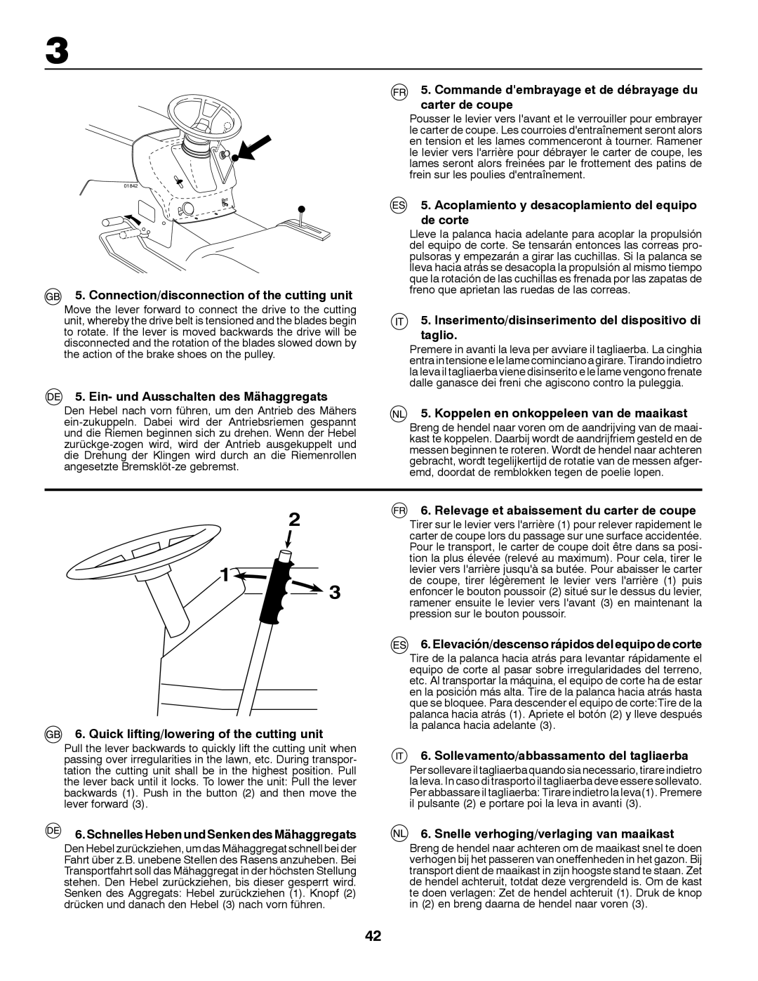 Husqvarna CT131 instruction manual Connection/disconnection of the cutting unit, Ein- und Ausschalten des Mähaggregats 