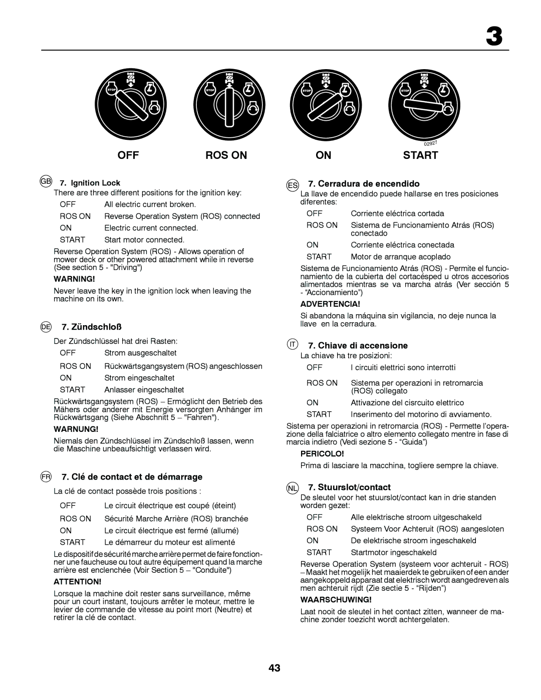 Husqvarna CT131 instruction manual Zündschloß, Clé de contact et de démarrage, Cerradura de encendido, Chiave di accensione 