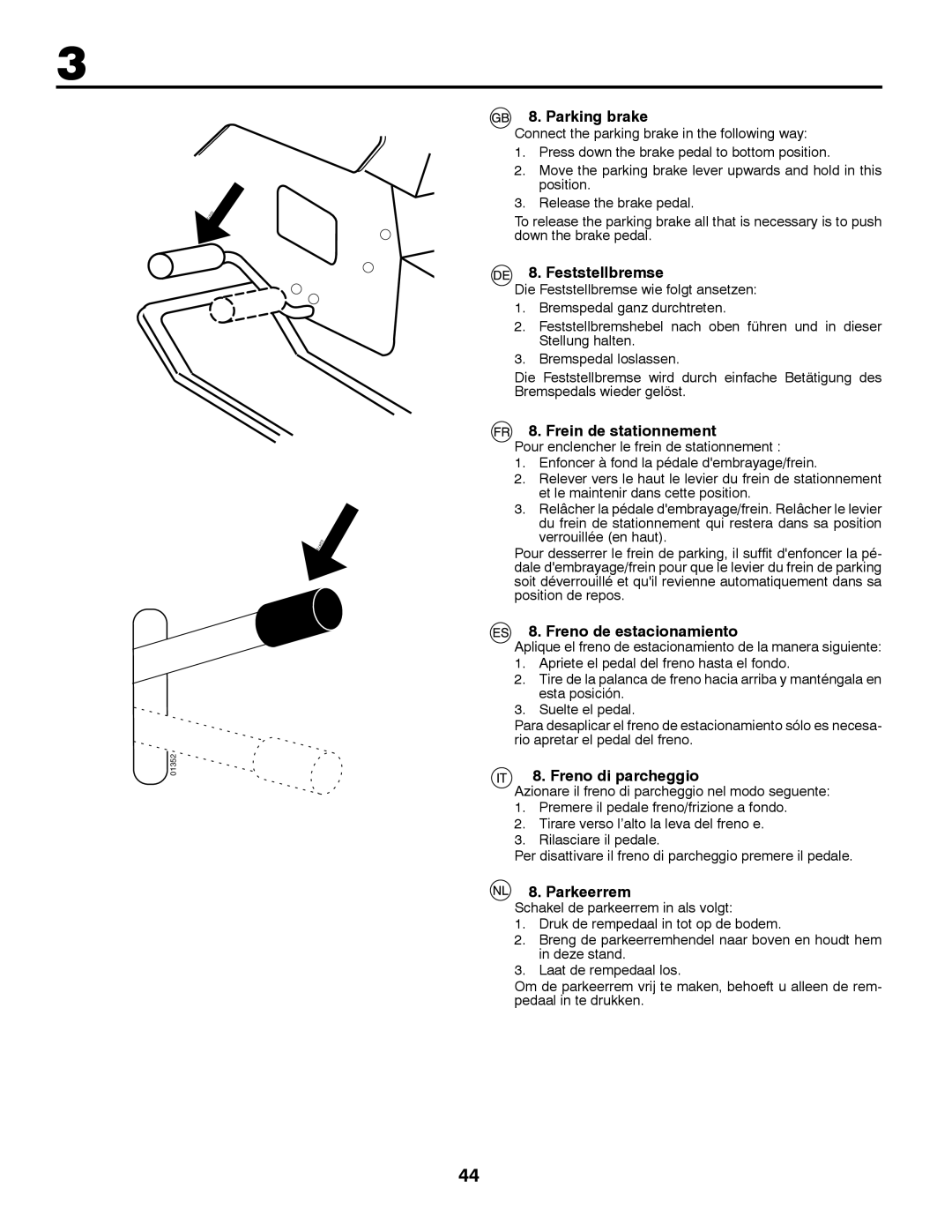 Husqvarna CT131 Parking brake, Feststellbremse, Frein de stationnement, Freno de estacionamiento, Freno di parcheggio 