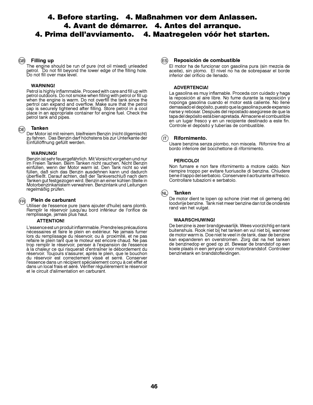 Husqvarna CT131 instruction manual Filling up, Tanken, Plein de carburant, Reposición de combustible, Rifornimento 