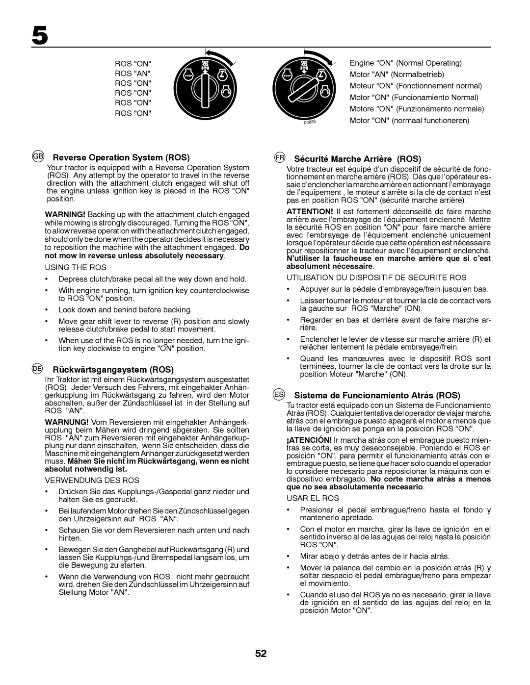 Husqvarna CT131 instruction manual Reverse Operation System ROS, Rückwärtsgangsystem ROS, Sécurité Marche Arrière ROS 