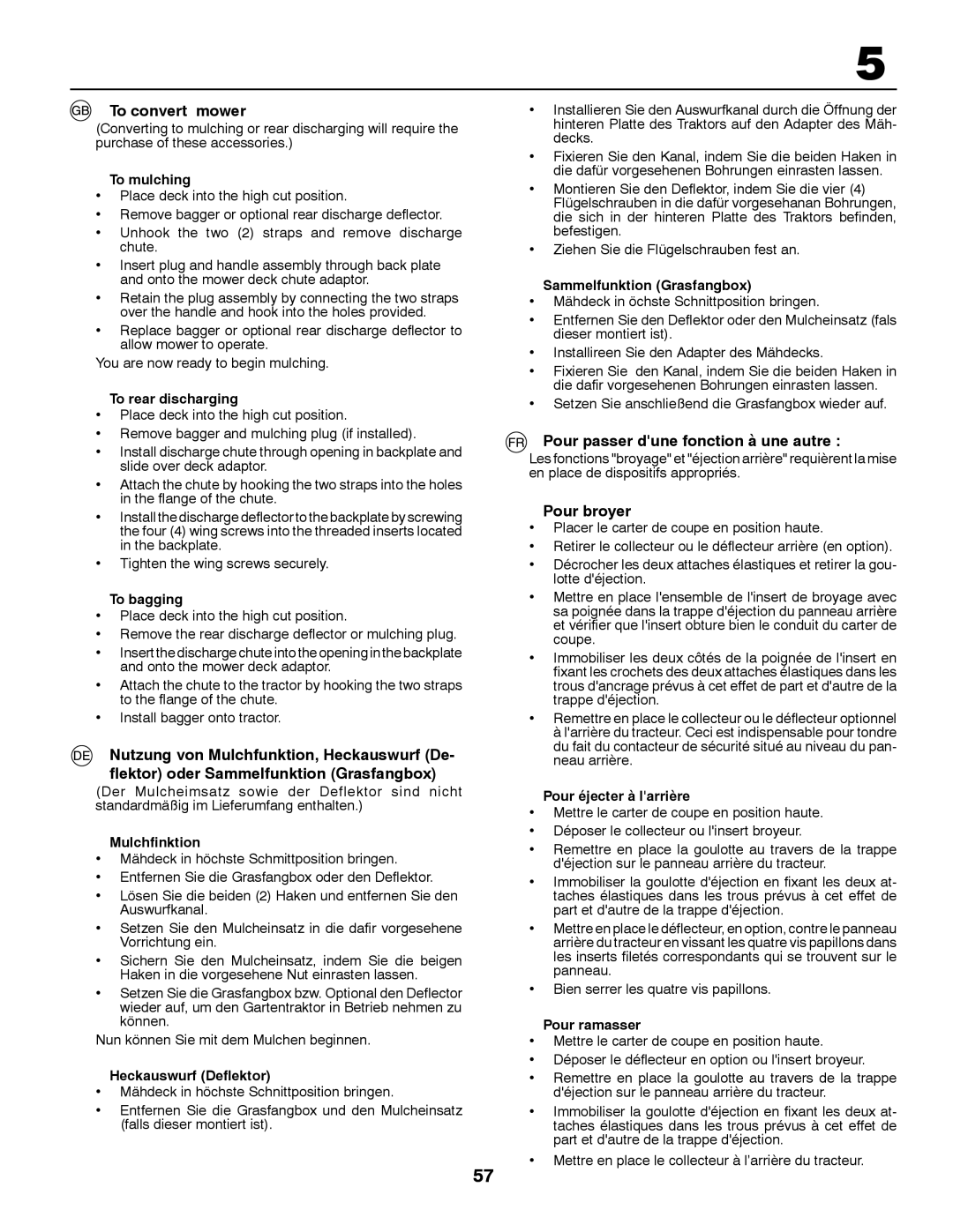 Husqvarna CT131 instruction manual To convert mower, Pour passer dune fonction à une autre, Pour broyer 