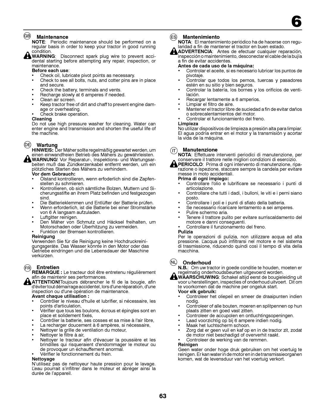 Husqvarna CT131 instruction manual Maintenance, Wartung, Entretien, Mantenimiento, Manutenzione, Onderhoud 