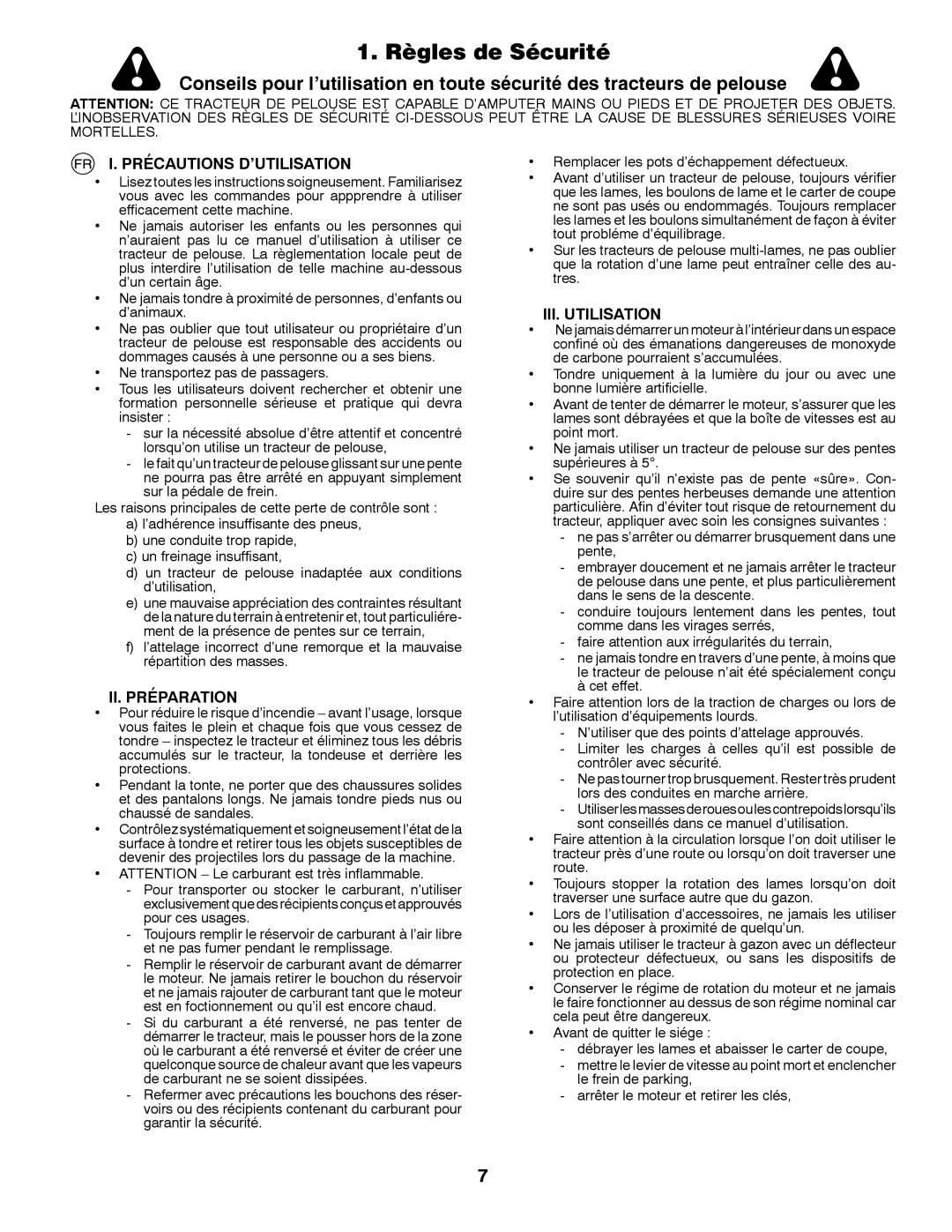 Husqvarna CT131 instruction manual Règles de Sécurité, Précautions D’UTILISATION, II. Préparation, III. Utilisation 