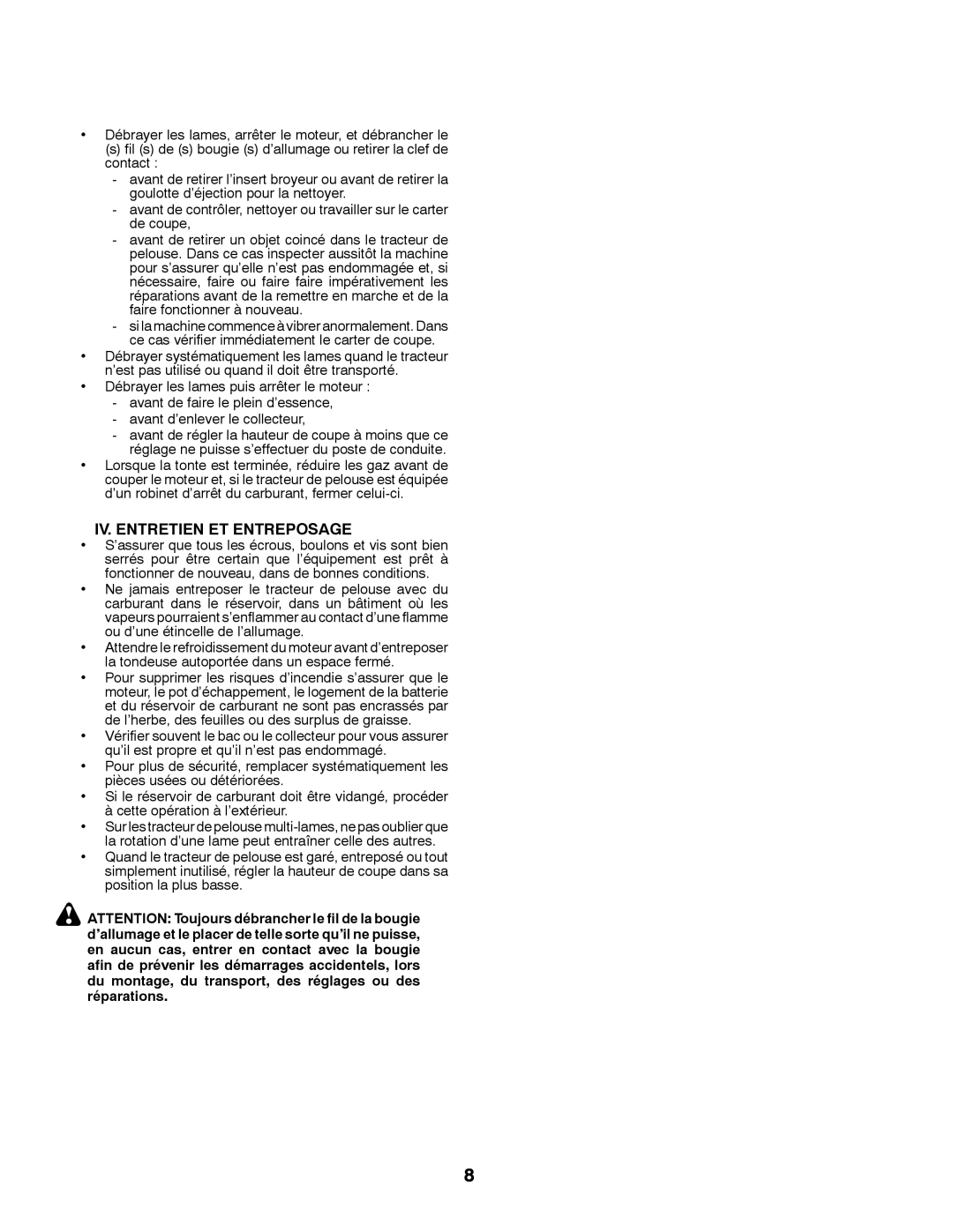 Husqvarna CT131 instruction manual IV. Entretien ET Entreposage 