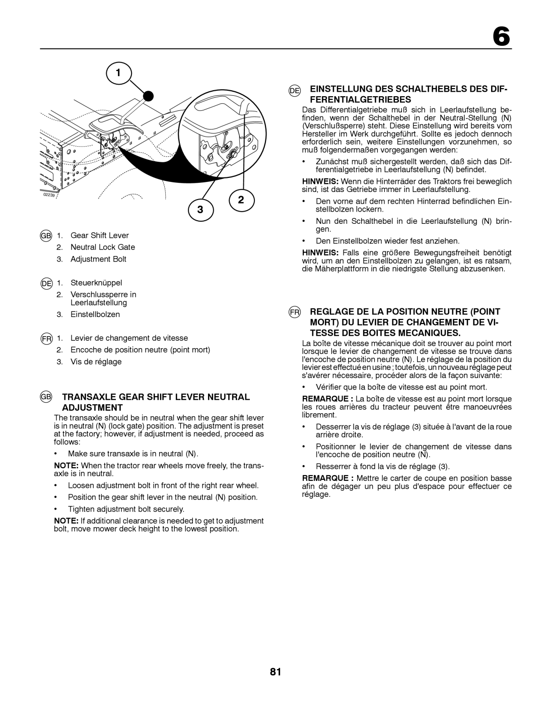 Husqvarna CT131 Einstellung DES Schalthebels DES DIF- Ferentialgetriebes, Transaxle Gear Shift Lever Neutral Adjustment 