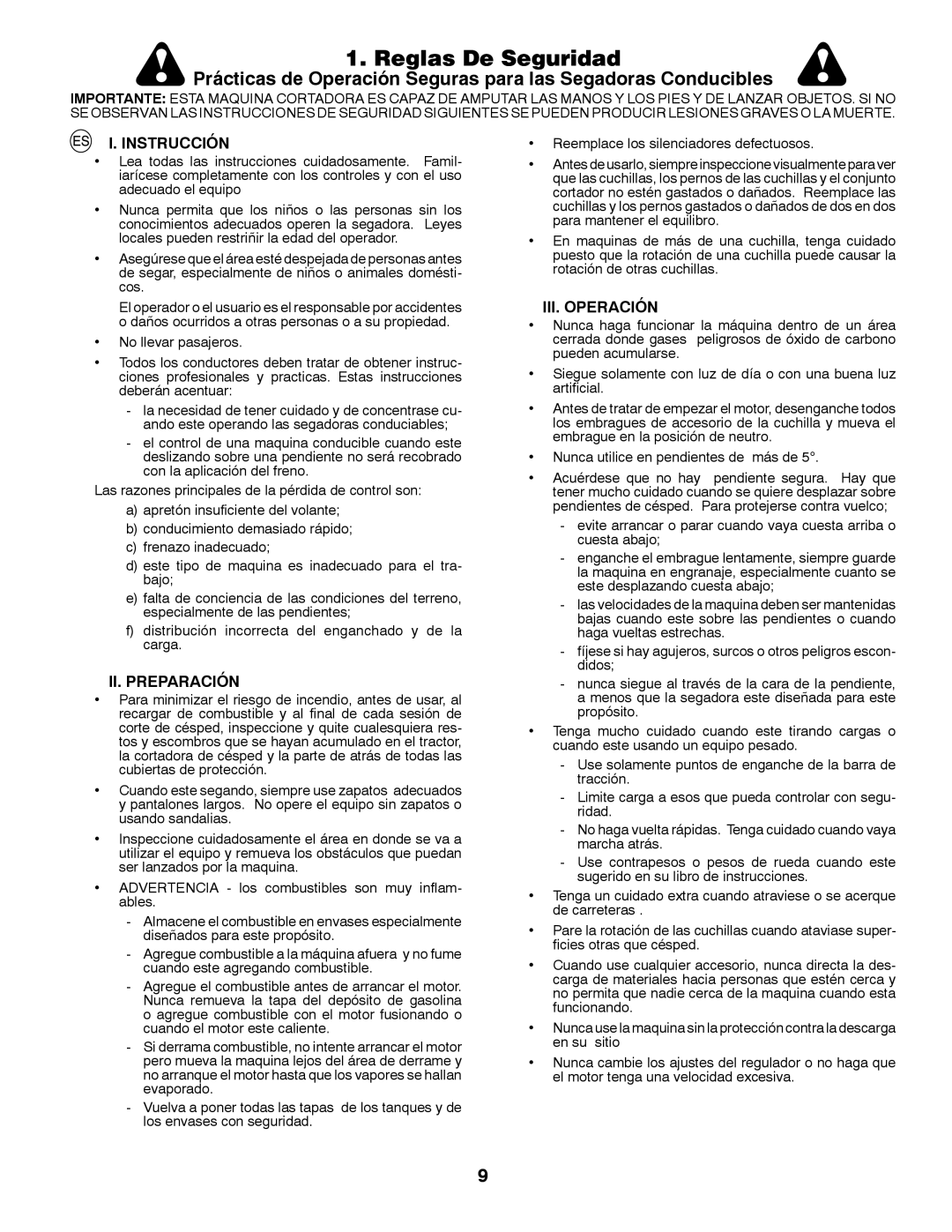 Husqvarna CT131 instruction manual Reglas De Seguridad, Instrucción, II. Preparación, III. Operación 