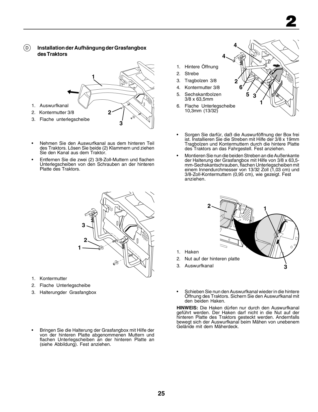 Husqvarna CT135 instruction manual Installation der Aufhängung der Grasfangbox des Traktors 