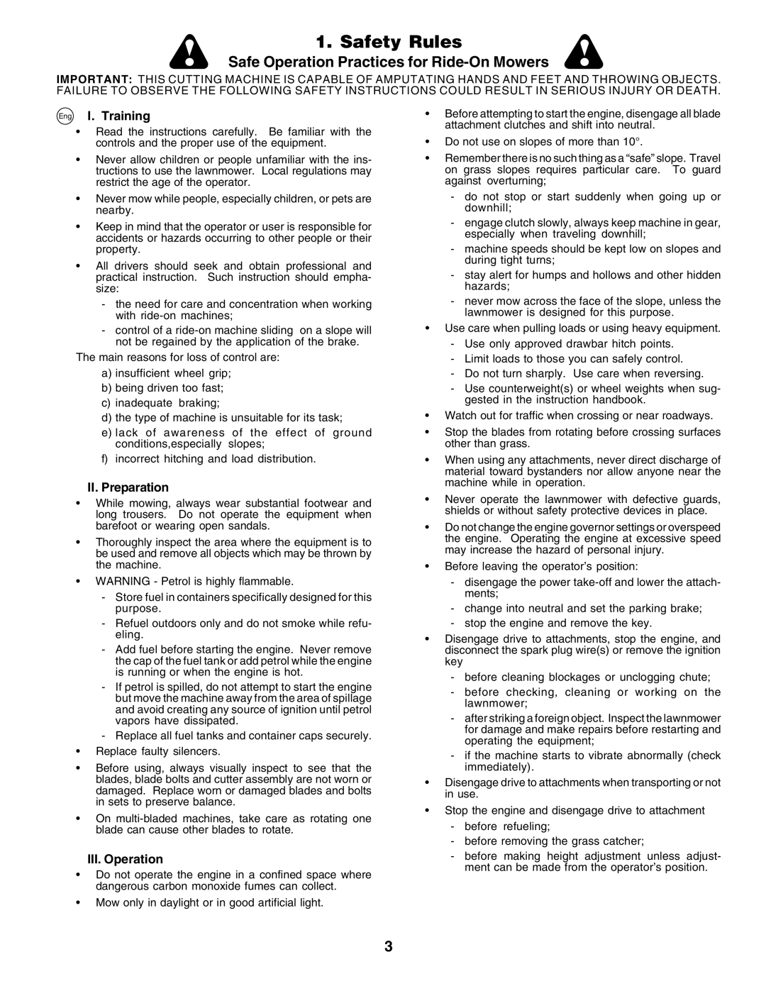 Husqvarna CT135 instruction manual Safety Rules, Eng I. Training, II. Preparation, III. Operation 