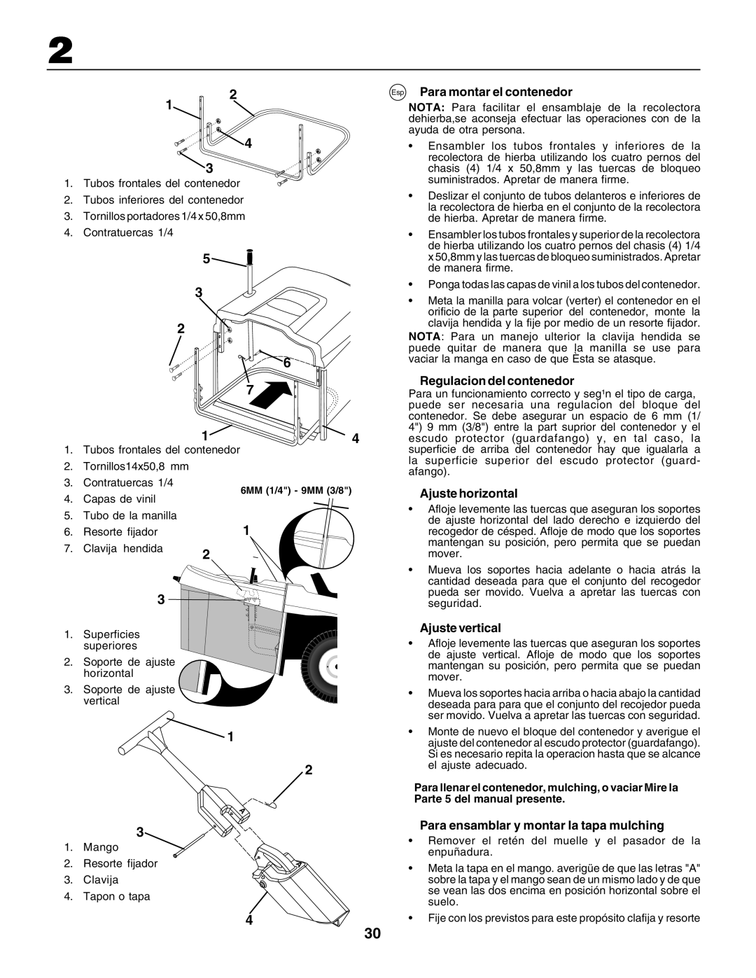 Husqvarna CT135 Esp Para montar el contenedor, Regulacion del contenedor, Ajuste horizontal, Ajuste vertical 