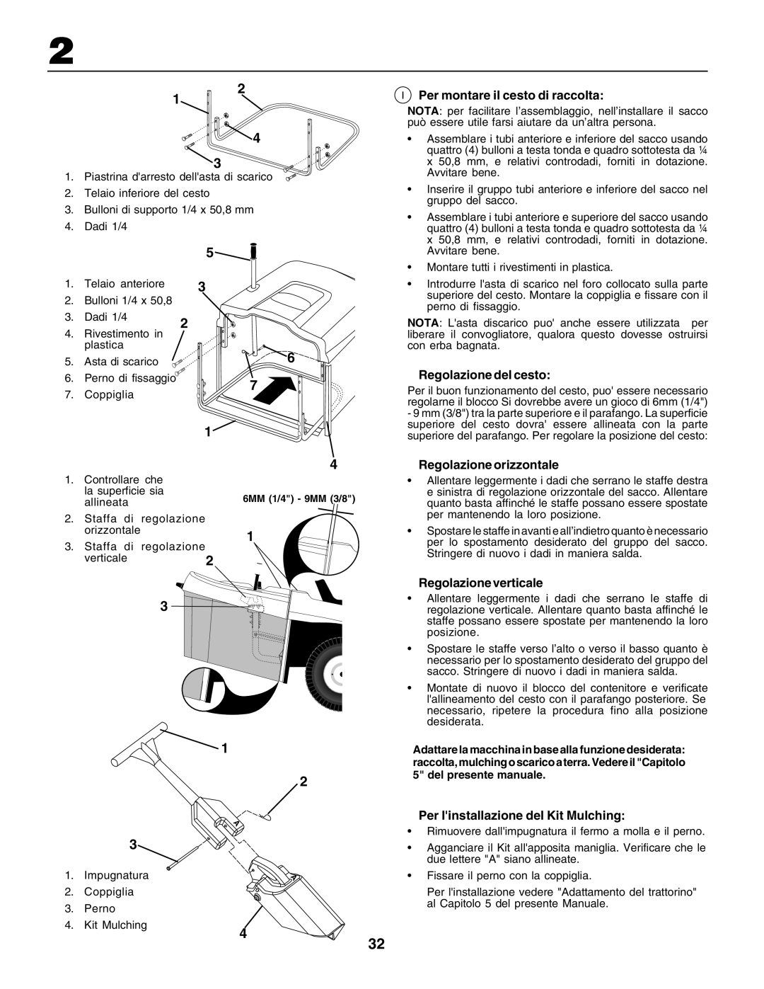 Husqvarna CT135 Per montare il cesto di raccolta, Regolazione del cesto, Regolazione orizzontale, Regolazione verticale 