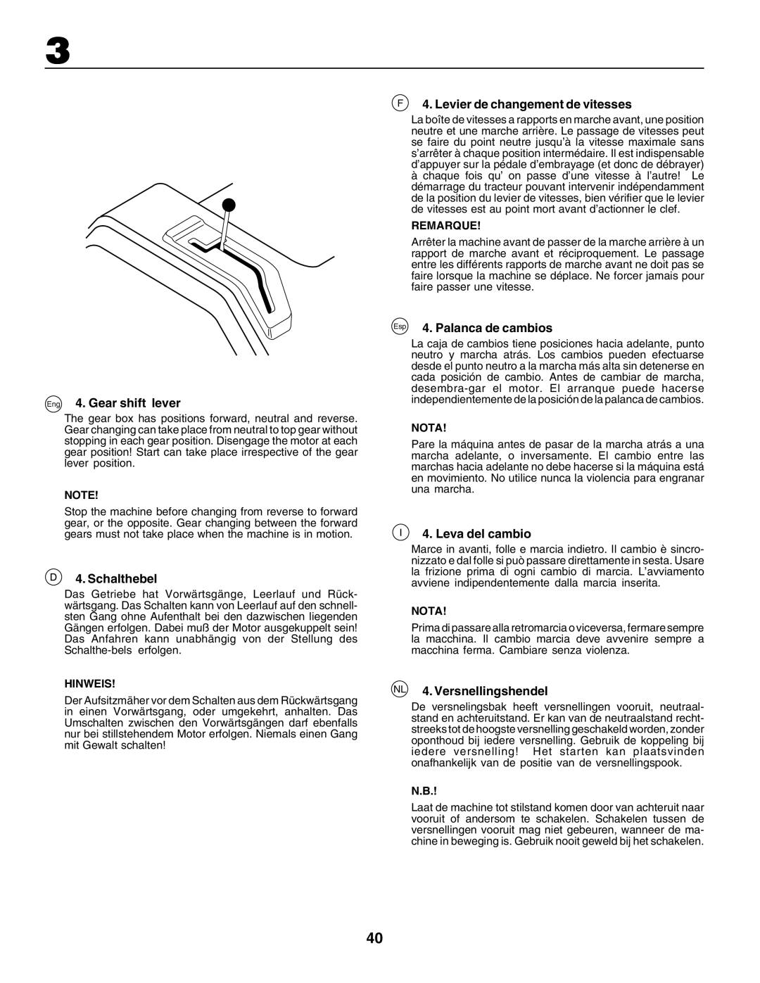 Husqvarna CT135 instruction manual Eng 4. Gear shift lever, Schalthebel, Levier de changement de vitesses, Leva del cambio 