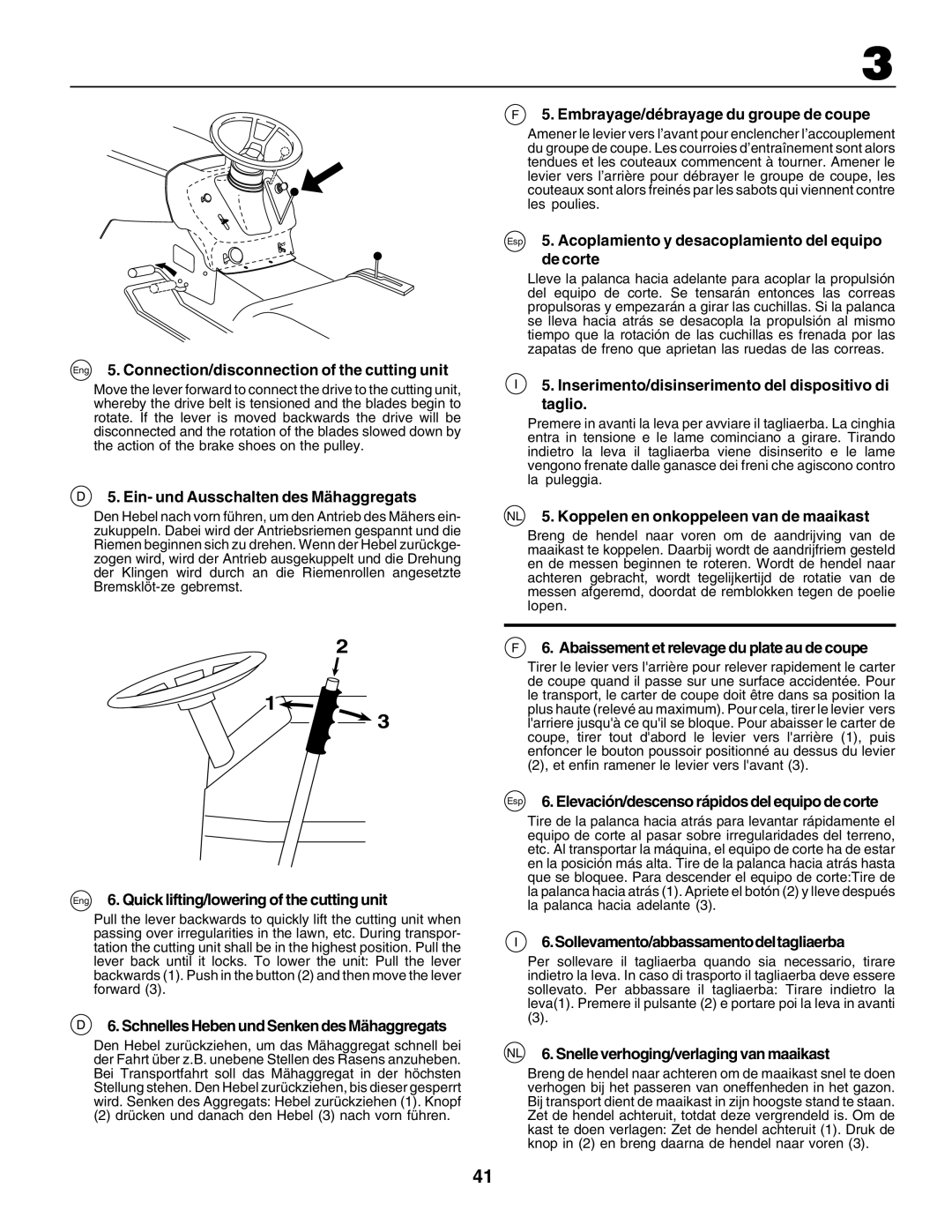 Husqvarna CT135 Eng 5. Connection/disconnection of the cutting unit, Ein- und Ausschalten des Mähaggregats 