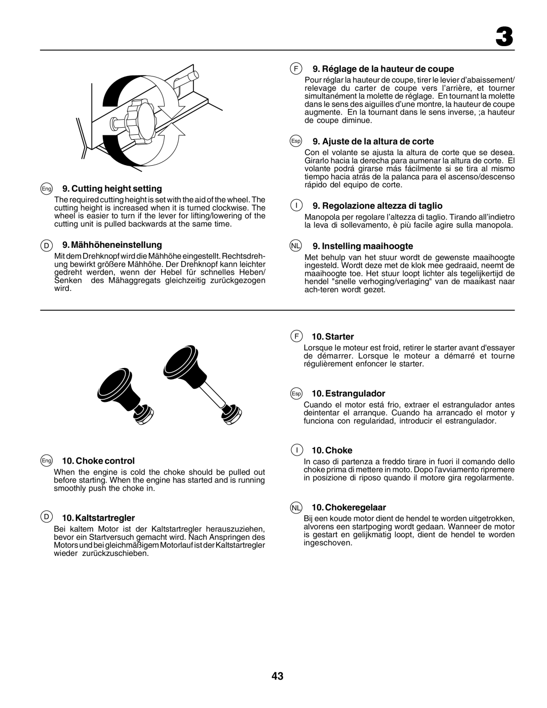 Husqvarna CT135 Eng 9. Cutting height setting, Mähhöheneinstellung, Réglage de la hauteur de coupe, Eng 10. Choke control 