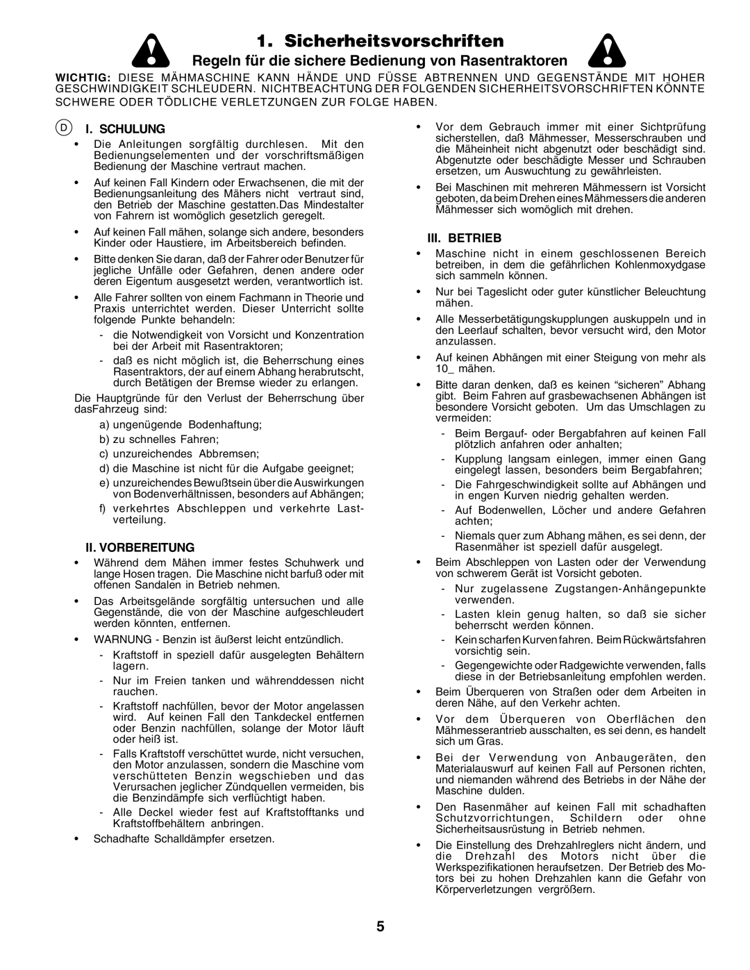 Husqvarna CT135 instruction manual Sicherheitsvorschriften, Schulung, II. Vorbereitung, III. Betrieb 