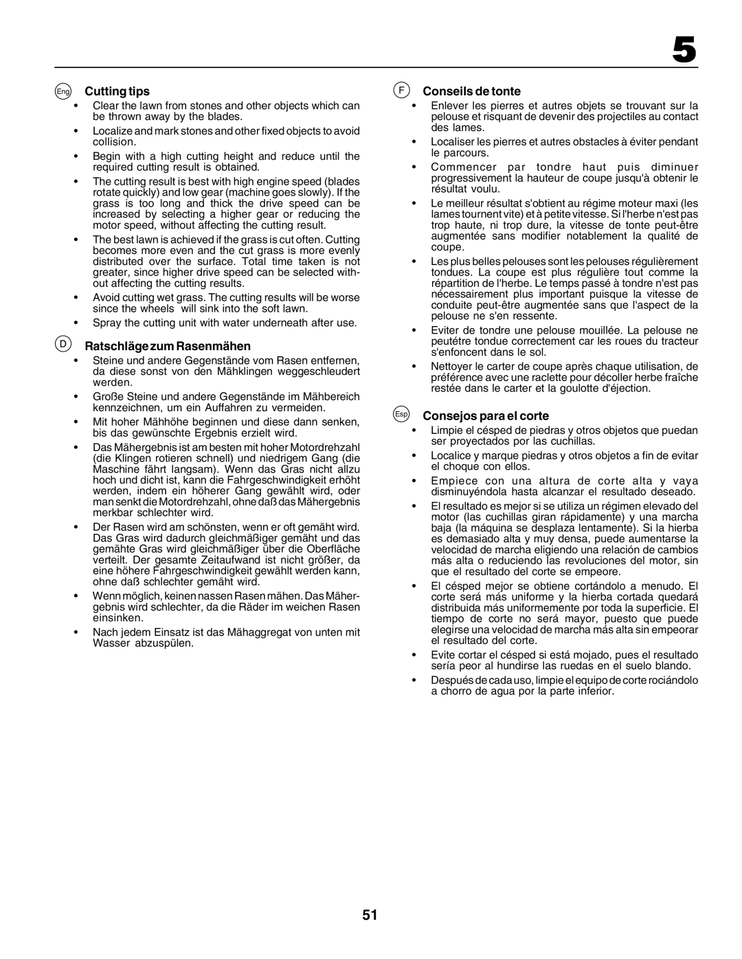 Husqvarna CT135 instruction manual Eng Cutting tips, Ratschläge zum Rasenmähen, Conseils de tonte, Consejos para el corte 