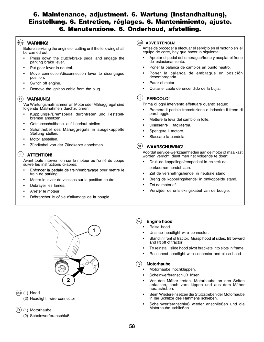 Husqvarna CT135 instruction manual Eng Engine hood, Motorhaube, Esp Advertencia 