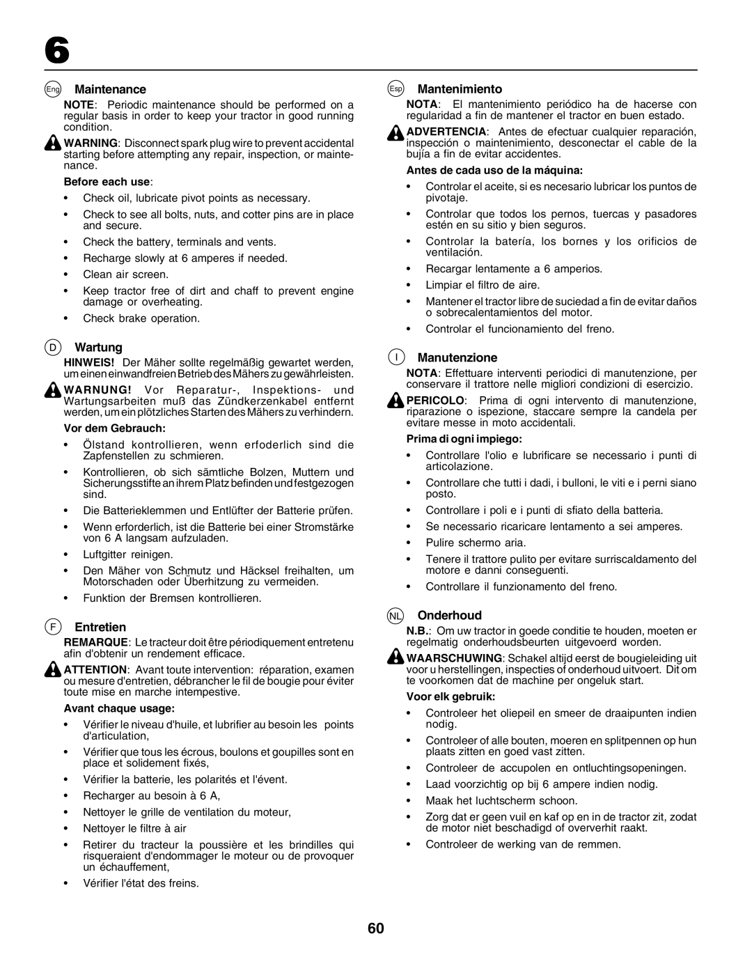 Husqvarna CT135 instruction manual Eng Maintenance, Wartung, Entretien, Esp Mantenimiento, Manutenzione, NL Onderhoud 