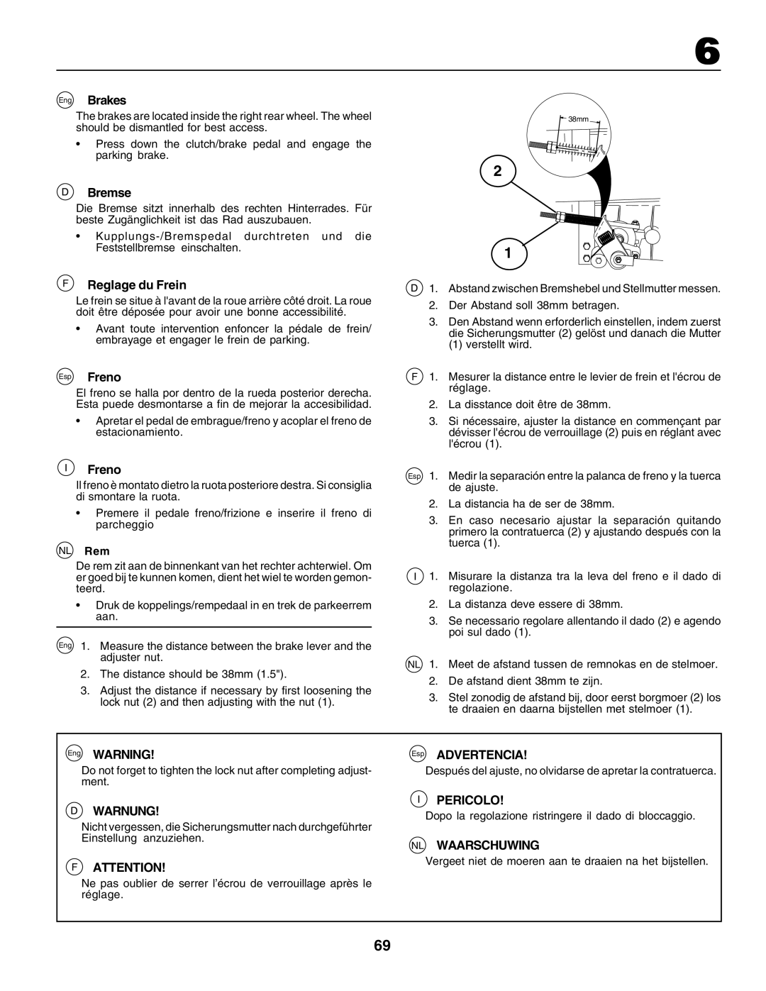 Husqvarna CT135 instruction manual Eng Brakes, Bremse, Reglage du Frein, Esp Freno 