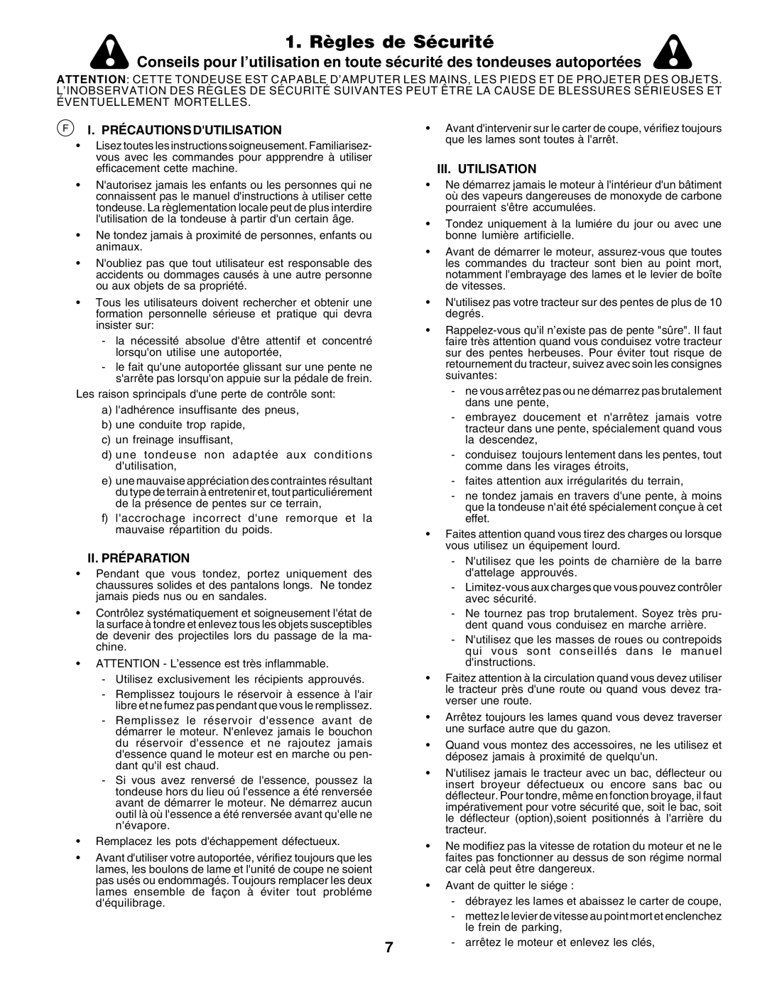 Husqvarna CT135 instruction manual Règles de Sécurité, Précautions Dutilisation, II. Préparation, III. Utilisation 