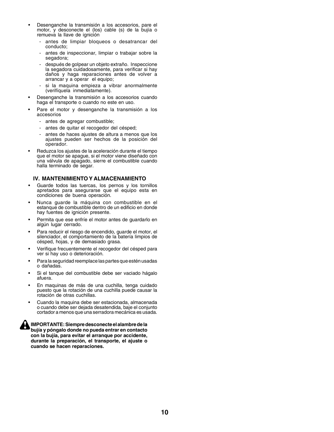 Husqvarna CT135 instruction manual Iv. Mantenimiento Y Almacenamiento 