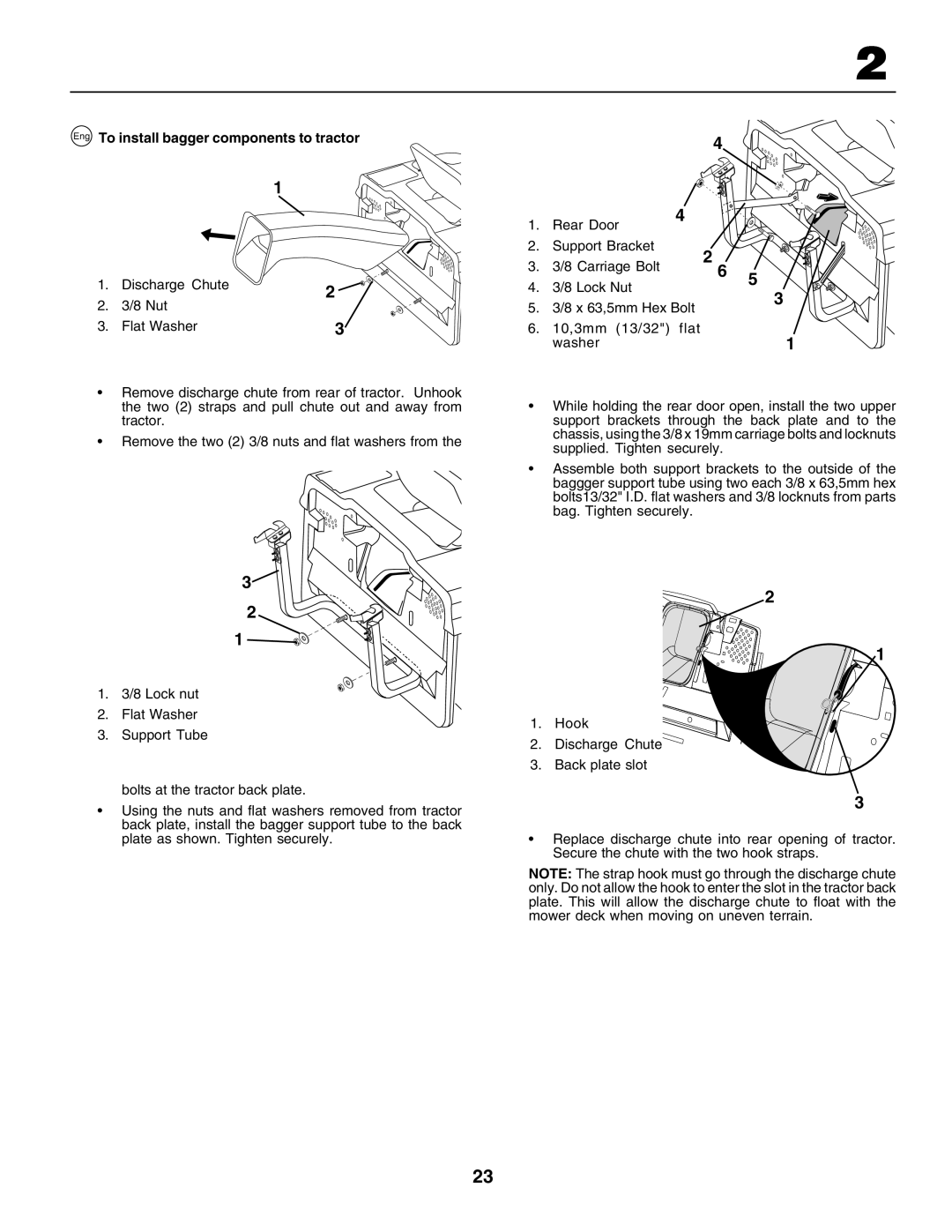 Husqvarna CT135 instruction manual 3 2 1, Eng To install bagger components to tractor 