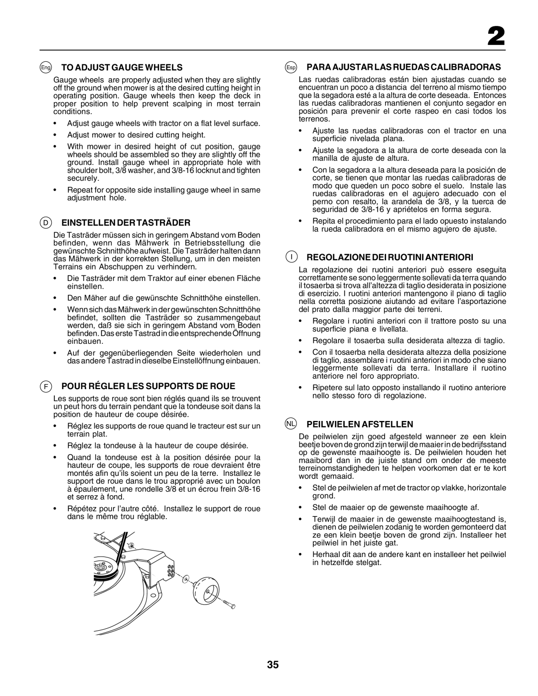 Husqvarna CT135 instruction manual Eng TO ADJUST GAUGE WHEELS, Einstellen Der Tasträder, Fpour Régler Les Supports De Roue 