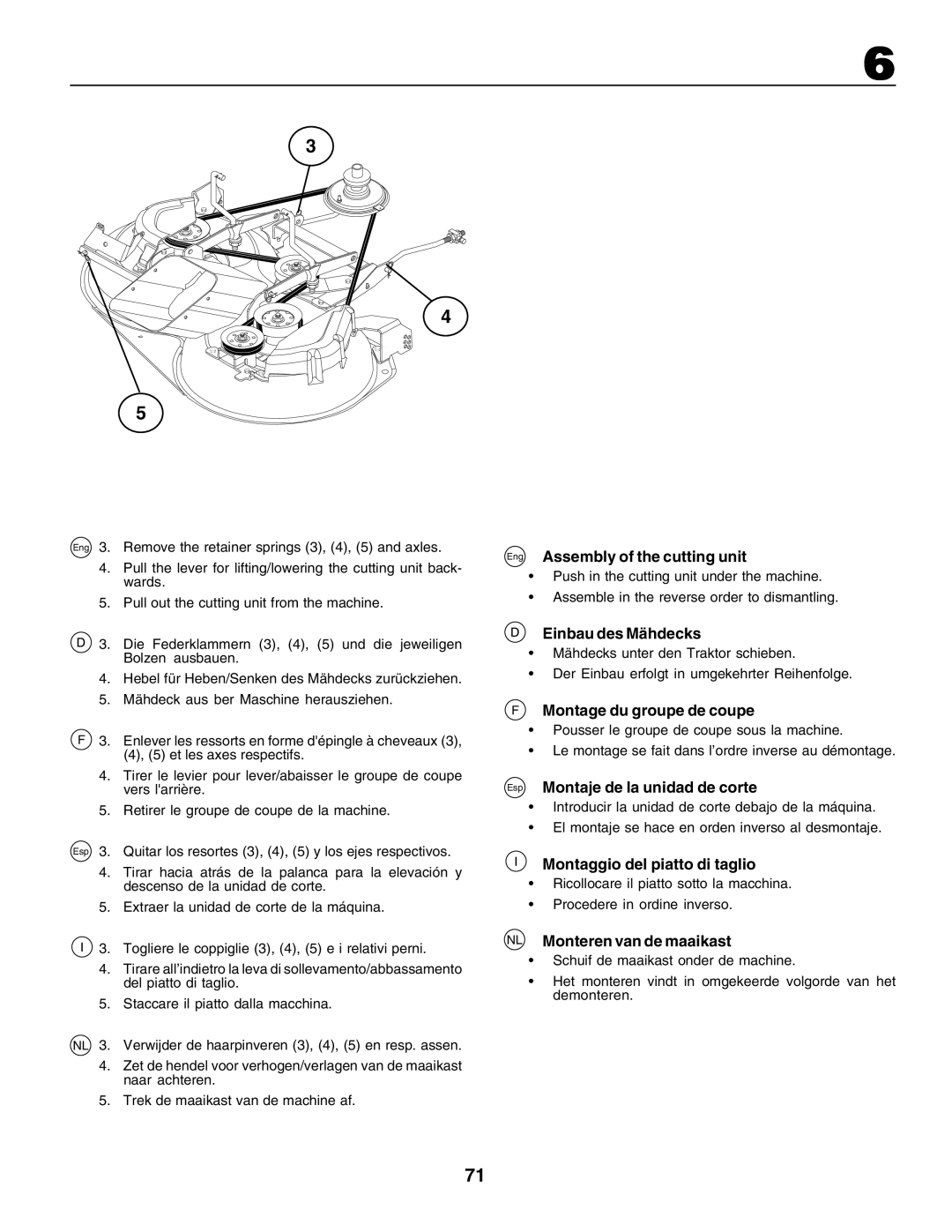 Husqvarna CT135 instruction manual Eng Assembly of the cutting unit, Einbau des Mähdecks, FMontage du groupe de coupe 