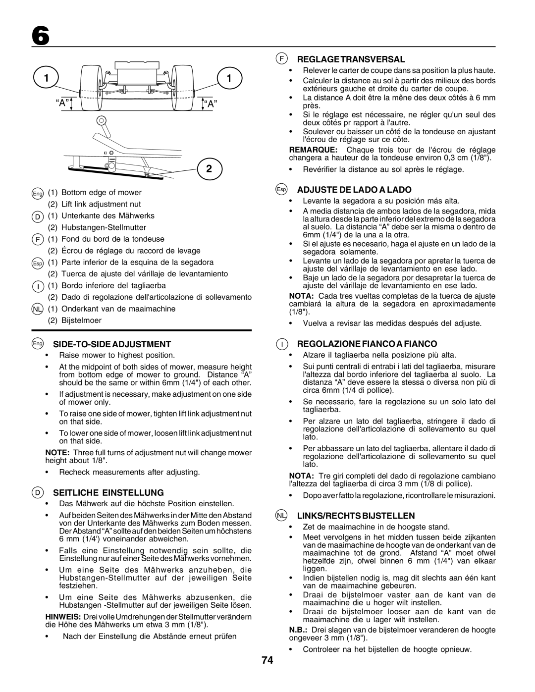 Husqvarna CT135 instruction manual “A”“A”, Eng SIDE-TO-SIDEADJUSTMENT, Seitliche Einstellung, Freglage Transversal 
