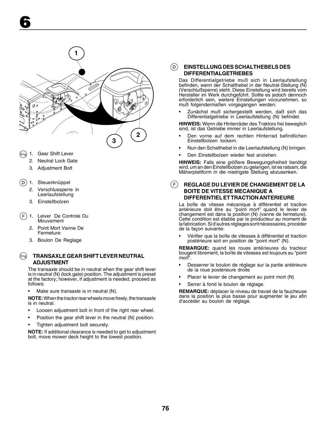 Husqvarna CT135 instruction manual Eng TRANSAXLE GEAR SHIFT LEVER NEUTRAL ADJUSTMENT 
