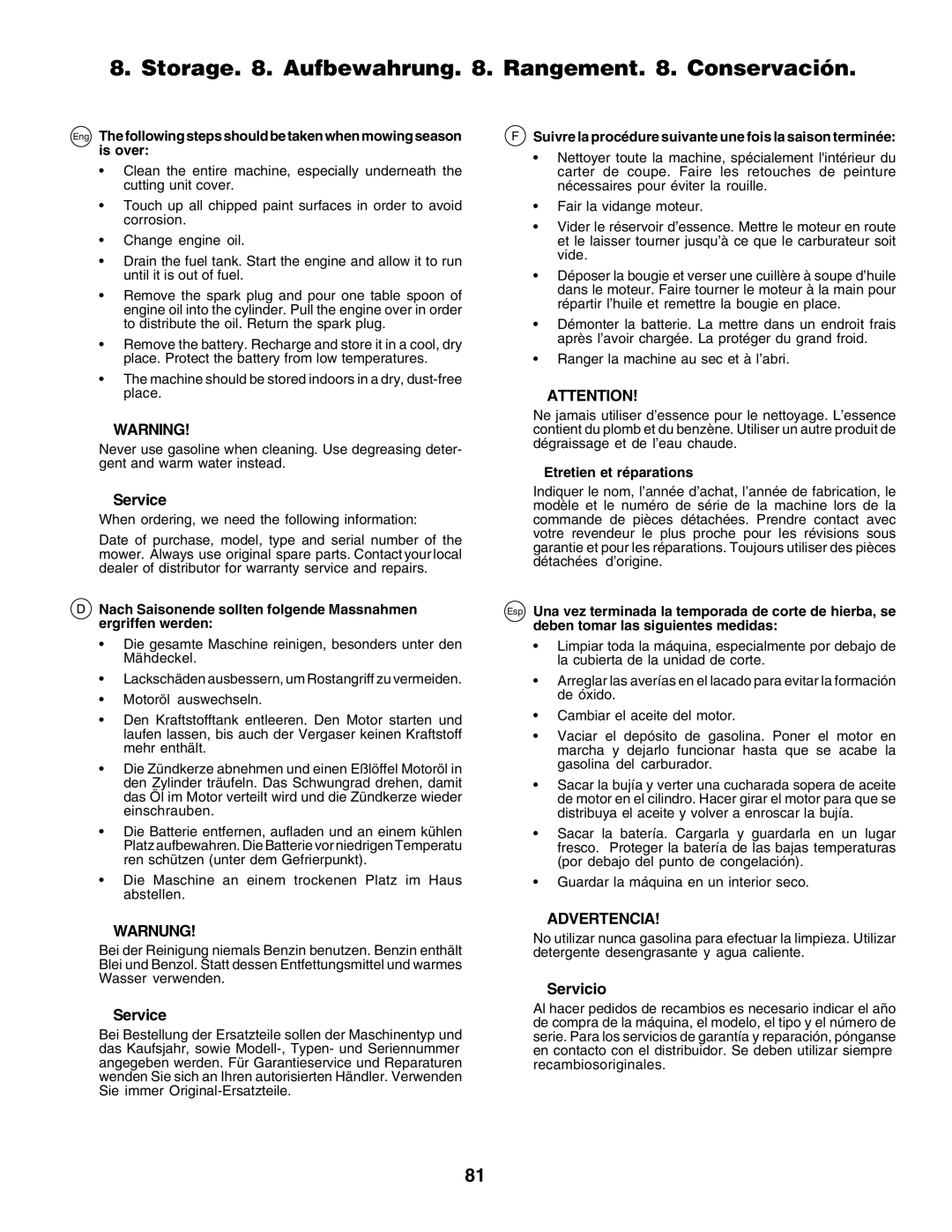 Husqvarna CT135 instruction manual Service, Warnung, Advertencia, Servicio, Etretien et réparations 