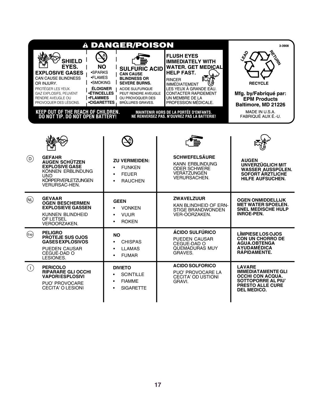 Husqvarna CT150 instruction manual Gefahr ZU Vermeiden Schwefelsäure Augen Augen Schützen 