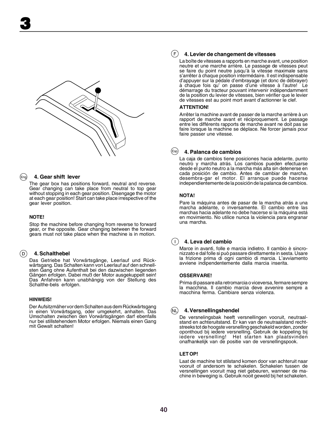 Husqvarna CT150 instruction manual Eng 4. Gear shift lever, Schalthebel, Levier de changement de vitesses, Leva del cambio 