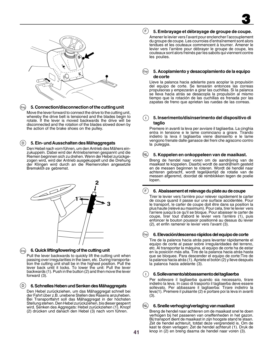 Husqvarna CT150 Eng 5. Connection/disconnection of the cutting unit, Ein- und Ausschalten des Mähaggregats 