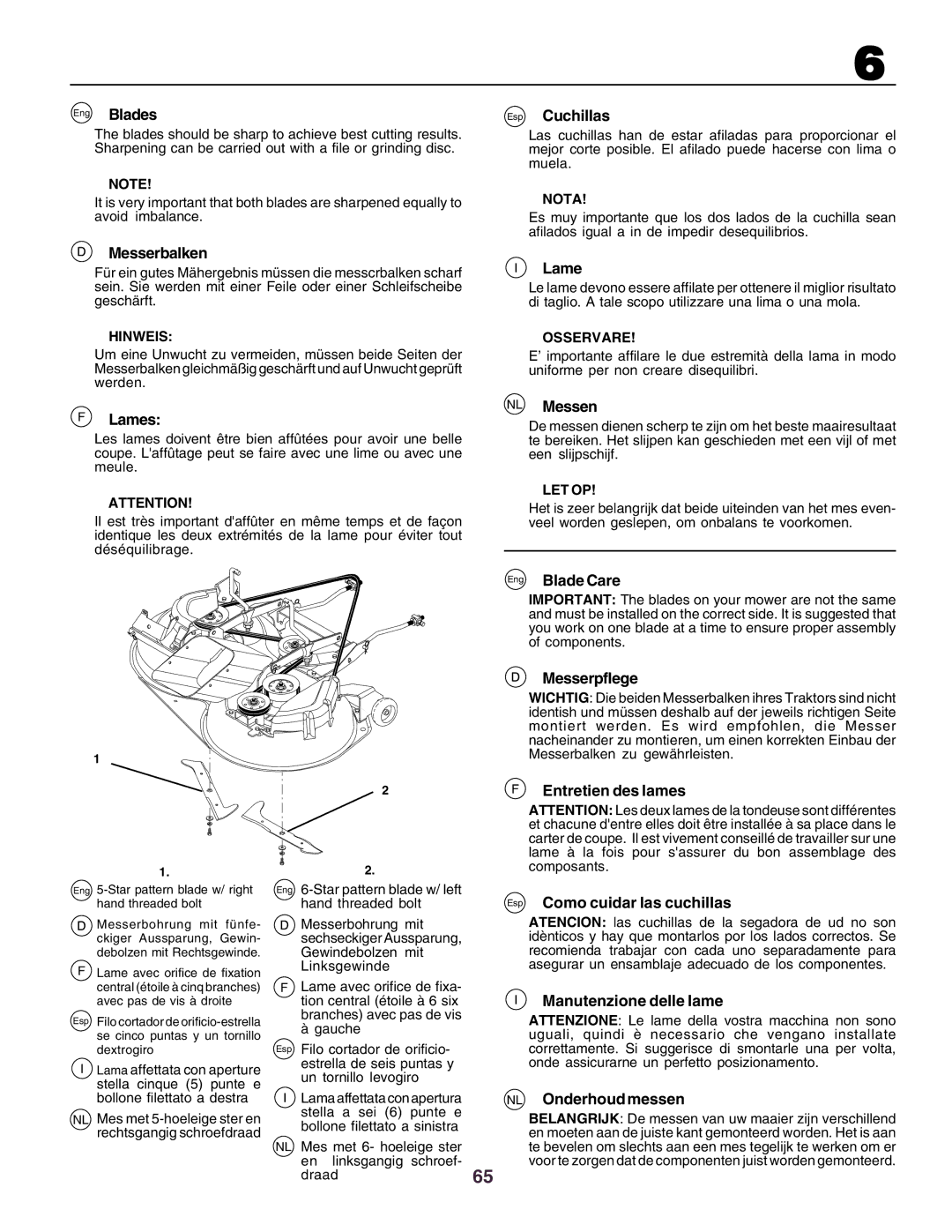 Husqvarna CT150 instruction manual Eng Blades, Esp Cuchillas, Messerbalken, Lames, NL Messen, Eng Blade Care, Messerpflege 