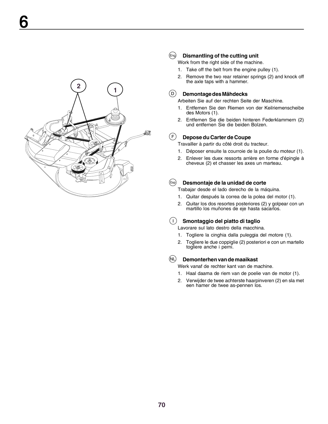 Husqvarna CT150 instruction manual Dismantling of the cutting unit, Demontage des Mähdecks, Depose du Carter de Coupe 