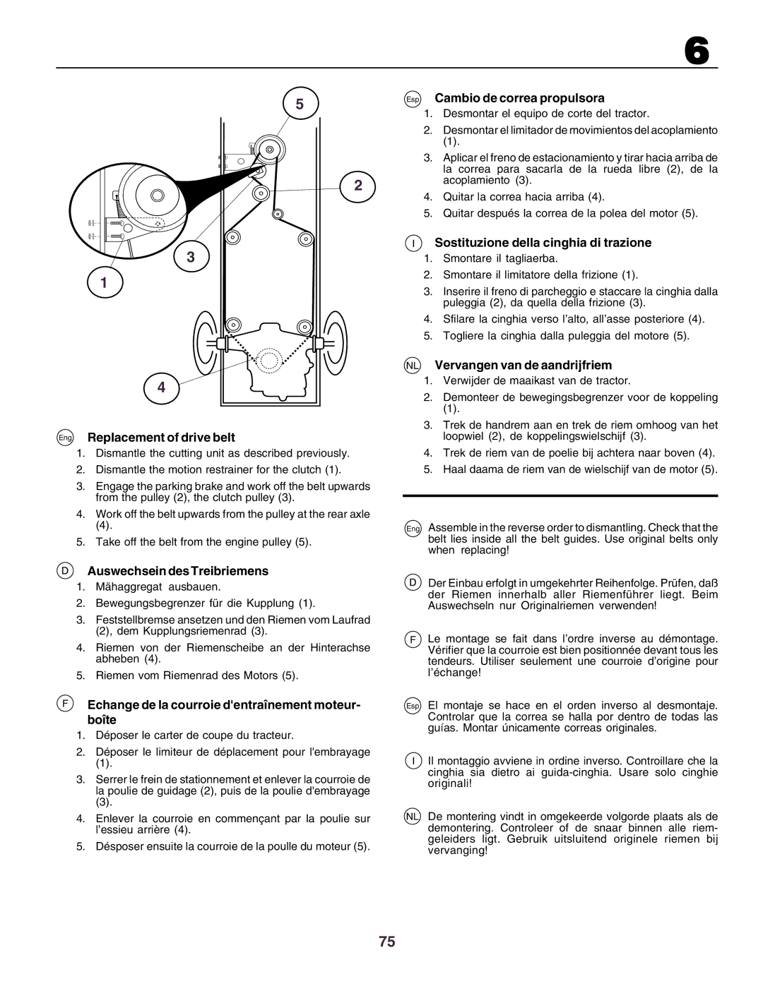 Husqvarna CT150 Eng Replacement of drive belt, Auswechsein des Treibriemens, Esp Cambio de correa propulsora 