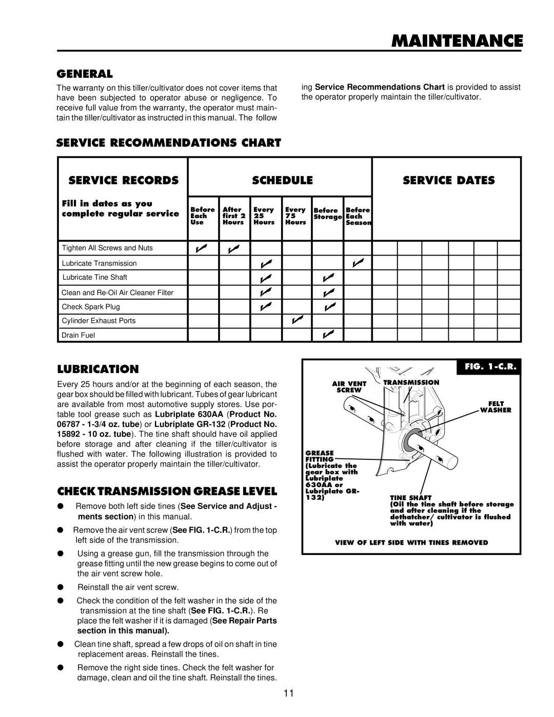 Husqvarna CT16 owner manual Maintenance, General, Lubrication, Check Transmission Grease Level 