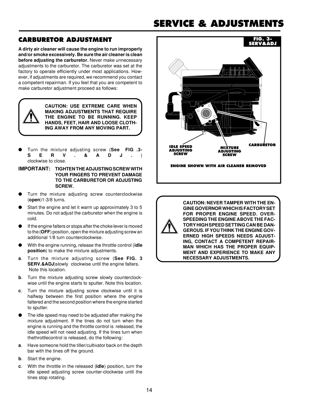 Husqvarna CT16 owner manual Carburetor Adjustment, Serv&Adj 