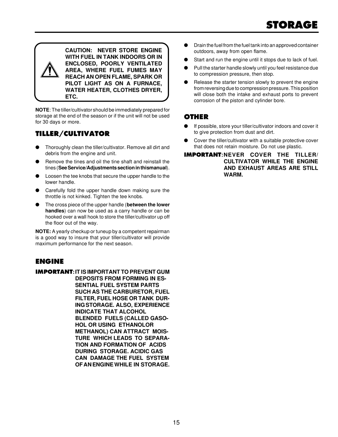 Husqvarna CT16 owner manual Storage, Tiller/Cultivator, Engine, Other 