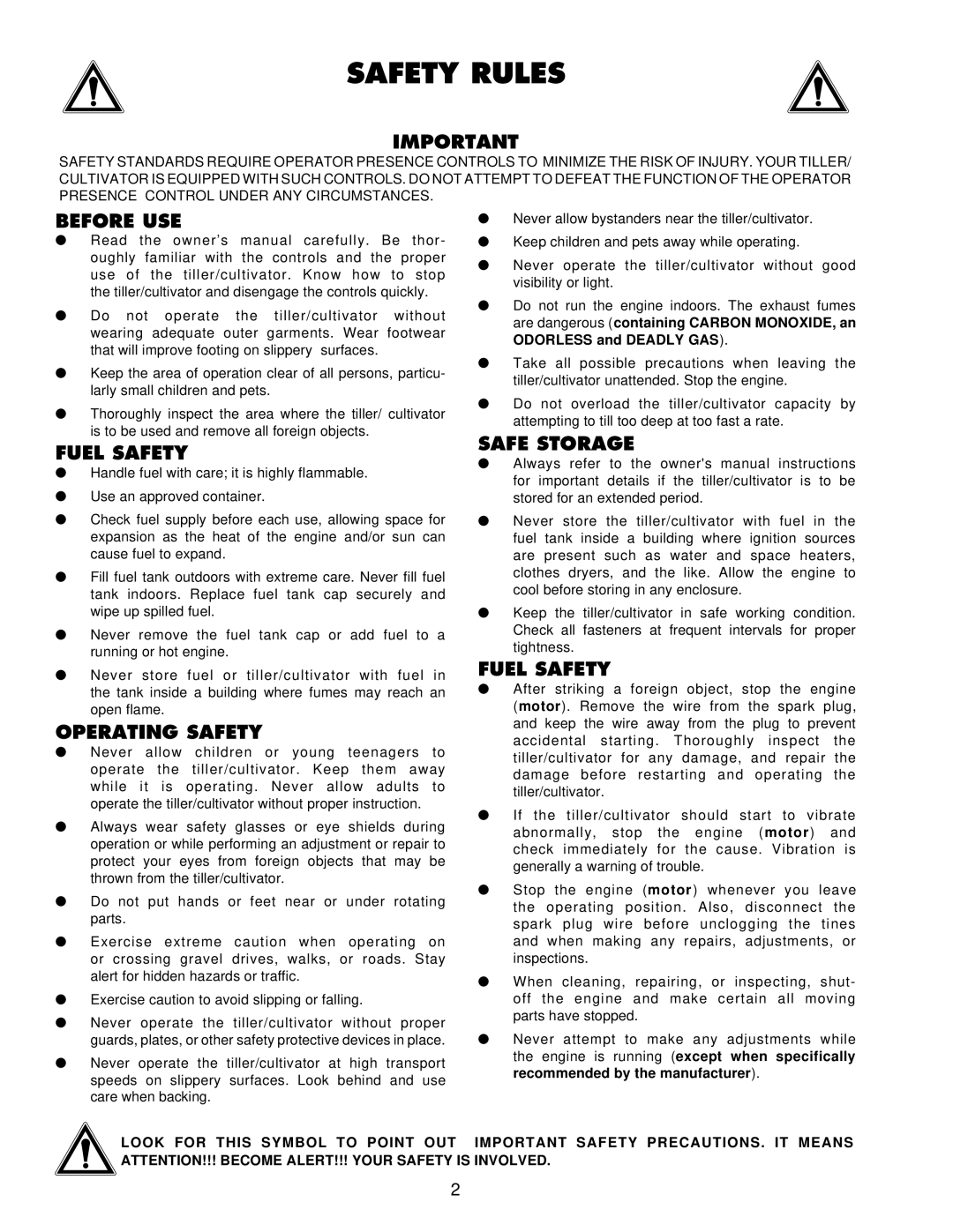 Husqvarna CT16 owner manual Safety Rules, Before USE, Fuel Safety, Safe Storage, Operating Safety 