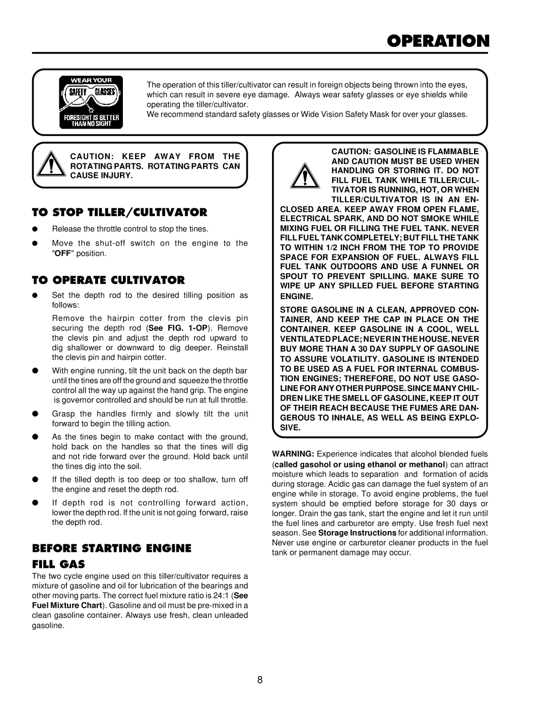 Husqvarna CT16 owner manual To Stop TILLER/CULTIVATOR, To Operate Cultivator, Before Starting Engine Fill GAS 