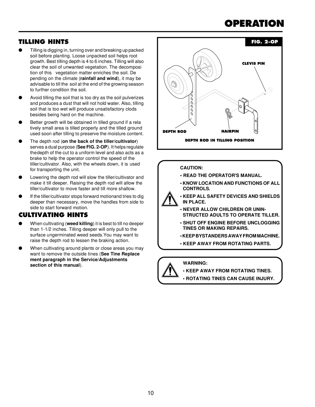 Husqvarna CT16 owner manual Tilling Hints, Cultivating Hints, Depth rod on the back of the tiller/cultivator 