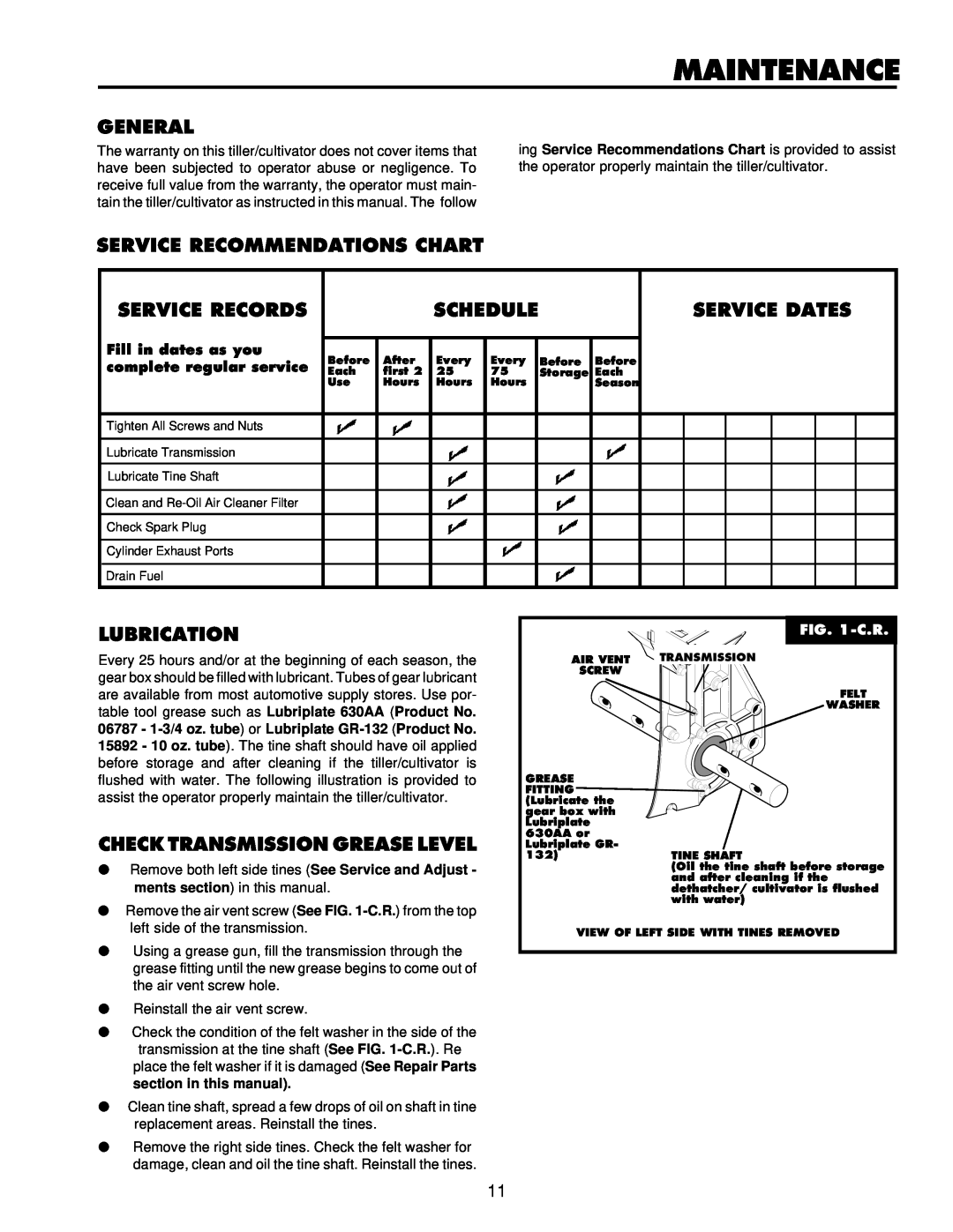 Husqvarna CT16 Maintenance, General, Service Recommendations Chart, Service Records, Schedule, Service Dates, Lubrication 